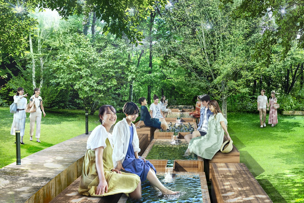 やまぼうし 星野温泉のあゆみ 星野温泉 トンボの湯」に全長約6mの足水桶「トンボの足水浴」と氷水で